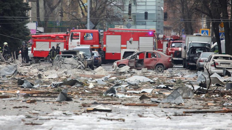 A view shows the area near the regional administration building, which city officials said was hit by a missile attack, in central Kharkiv, Ukraine, March 1, 2022. REUTERS/Vyacheslav Madiyevskyy     TPX IMAGES OF THE DAY