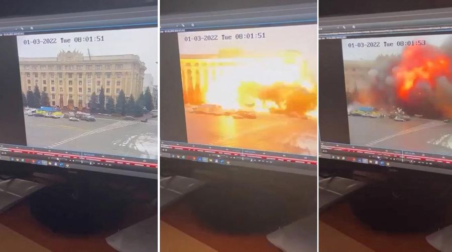 Combination picture shows a monitor displaying a projectile striking the regional state administration building, as the Russian invasion continues, in Kharkiv, Ukraine March 1, 2022 in this still image obtained from social media video. State Emergency Services of Ukraine via REUTERS ATTENTION EDITORS - THIS IMAGE HAS BEEN SUPPLIED BY A THIRD PARTY. REUTERS WAS NOT IMMEDIATELY ABLE TO INDEPENDENTLY VERIFY THE VIDEO