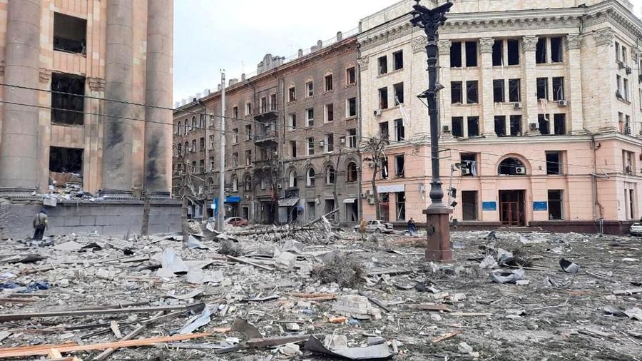 A view shows the area near the regional administration building, which was hit by a missile according to city officials, in Kharkiv, Ukraine, in this handout picture released March 1, 2022. Press service of the Ukrainian State Emergency Service/Handout via REUTERS ATTENTION EDITORS - THIS IMAGE HAS BEEN SUPPLIED BY A THIRD PARTY. TPX IMAGES OF THE DAY