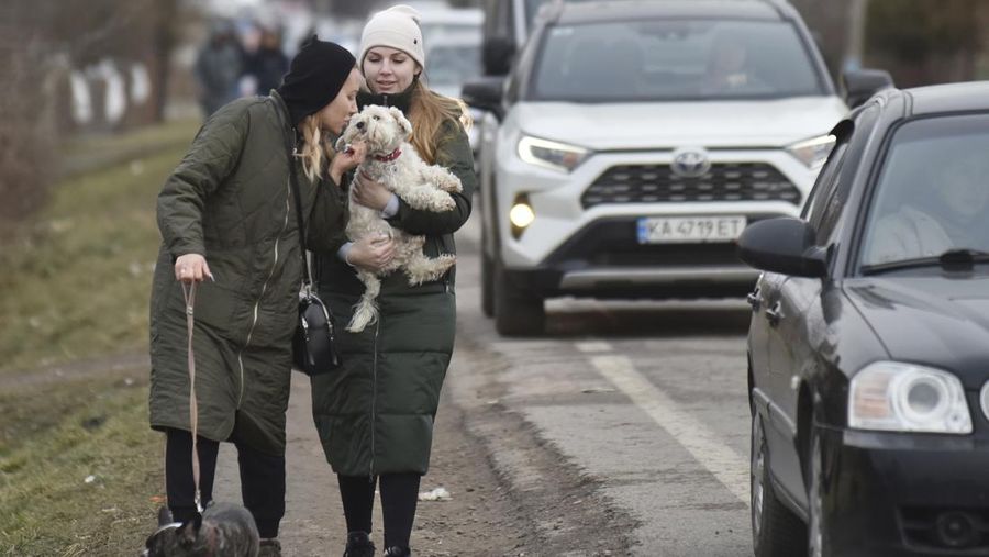 A woman with her cat arrives from Ukraine to Romania, after Russia launched a massive military operation against Ukraine, at Sighetu Marmatiei border crossing near Baia Mare, Romania February 26, 2022. REUTERS/Fedja Grulovic