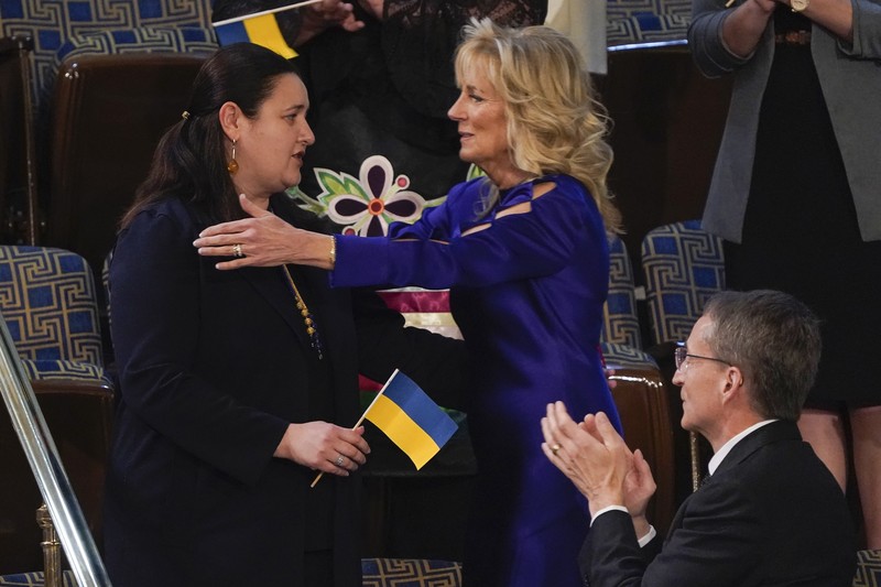 State of the Union Ukraine Ambassador to the United States, Oksana Markarova, acknowledges President Joe Biden as first lady Jill Biden applauds during his first State of the Union address to a joint session of Congress, at the Capitol in Washington, Tuesday, March 1, 2022. Patrick Gelsinger, CEO of Intel, is at front right. (AP Photo/J. Scott Applewhite, Pool)