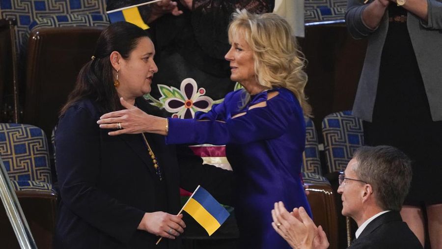 Ukraine Ambassador to the United States, Oksana Markarova, acknowledges President Joe Biden as first lady Jill Biden applauds during his first State of the Union address to a joint session of Congress, at the Capitol in Washington, Tuesday, March 1, 2022. Patrick Gelsinger, CEO of Intel, is at front right. (AP Photo/J. Scott Applewhite, Pool)