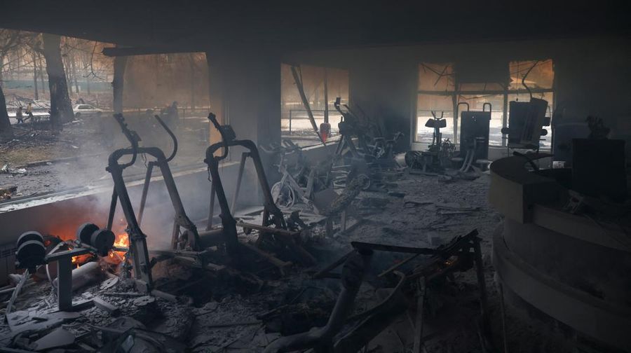 Smoke rises from a burnt fitness center ruined after yesterday's blast targeted the TV tower as Russia's invasion of Ukraine continues, in Kyiv, Ukraine March 2, 2022. REUTERS/Umit Bektas