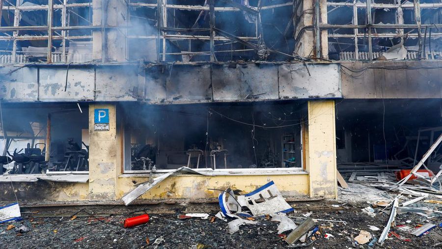 Smoke rises from a burnt fitness center ruined after yesterday's blast targeted the TV tower as Russia's invasion of Ukraine continues, in Kyiv, Ukraine March 2, 2022. REUTERS/Umit Bektas