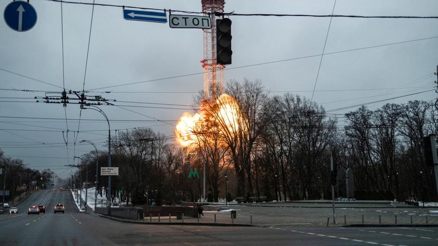 A blast is seen in the TV tower, amid Russia's invasion of Ukraine, in Kyiv, Ukraine March 1, 2022. REUTERS/Carlos Barria