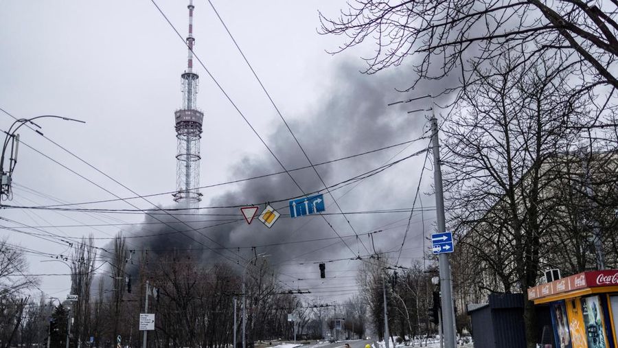 Smoke billows from the TV tower, amid Russia's invasion of Ukraine, in Kyiv, Ukraine March 1, 2022. REUTERS/Carlos Barria