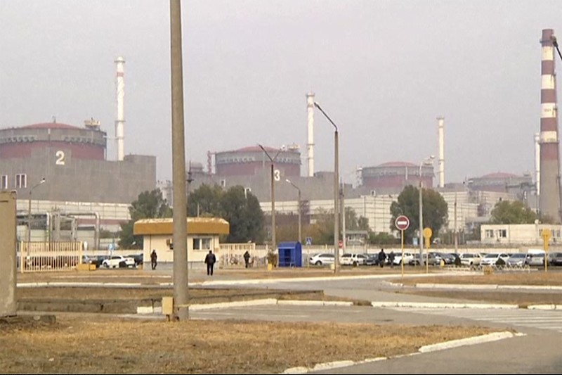This image made from a video released by Zaporizhzhia nuclear power plant shows bright flaring object landing in grounds of the nuclear plant in Enerhodar, Ukraine Friday, March 4, 2022. Russian forces shelled Europe’s largest nuclear plant early Friday, sparking a fire as they pressed their attack on a crucial energy-producing Ukrainian city and gained ground in their bid to cut off the country from the sea. (Zaporizhzhia nuclear power plant via AP)