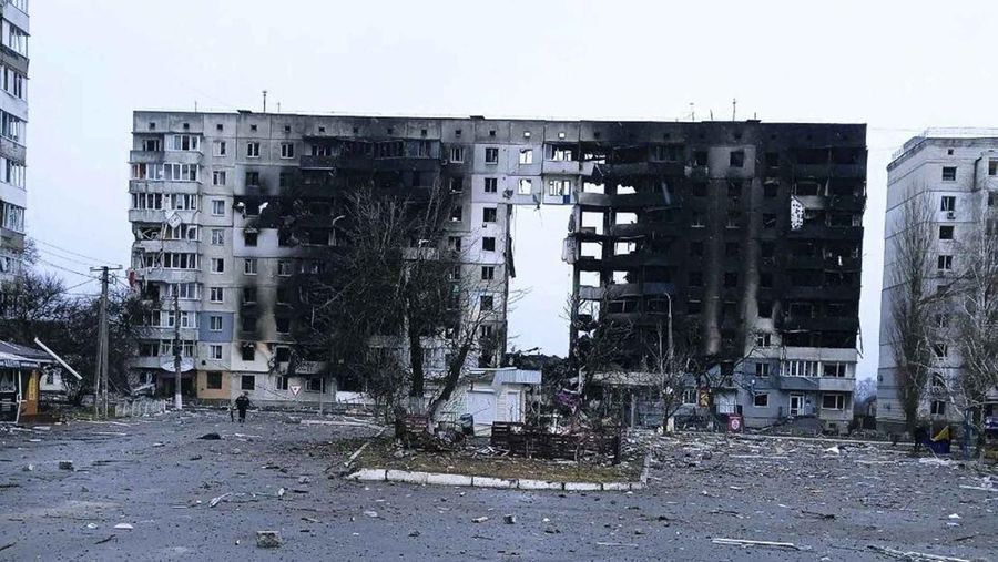 A building burns after shelling in Kyiv, Ukraine, Thursday, March 3, 2022. Russian forces have escalated their attacks on crowded cities in what Ukraine's leader called a blatant campaign of terror. (AP Photo/Efrem Lukatsky)
