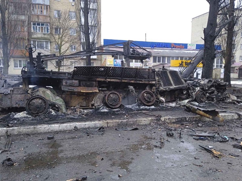 A building burns after shelling in Kyiv, Ukraine, Thursday, March 3, 2022. Russian forces have escalated their attacks on crowded cities in what Ukraine's leader called a blatant campaign of terror. (AP Photo/Efrem Lukatsky)