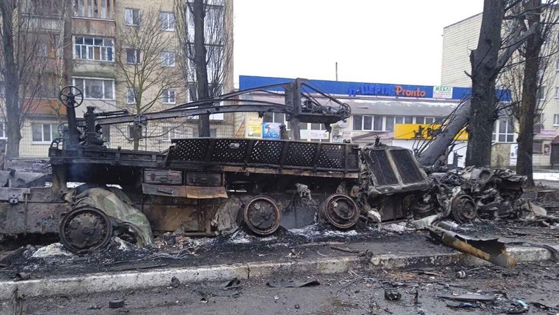 A building burns after shelling in Kyiv, Ukraine, Thursday, March 3, 2022. Russian forces have escalated their attacks on crowded cities in what Ukraine's leader called a blatant campaign of terror. (AP Photo/Efrem Lukatsky)
