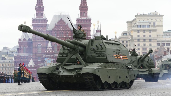 FILE - Russian 2S35 Koalitsiya-SV self-propelled howitzers roll toward Red Square during the Victory Day military parade in Moscow, Russia, Sunday, May 9, 2021, marking the 76th anniversary of the end of World War II in Europe. The Russian invasion of Ukraine is the largest conflict that Europe has seen since World War II, with Russia conducting a multi-pronged offensive across the country. The Russian military has pummeled wide areas in Ukraine with air strikes and has conducted massive rocket and artillery bombardment resulting in massive casualties.  (AP Photo, File)
