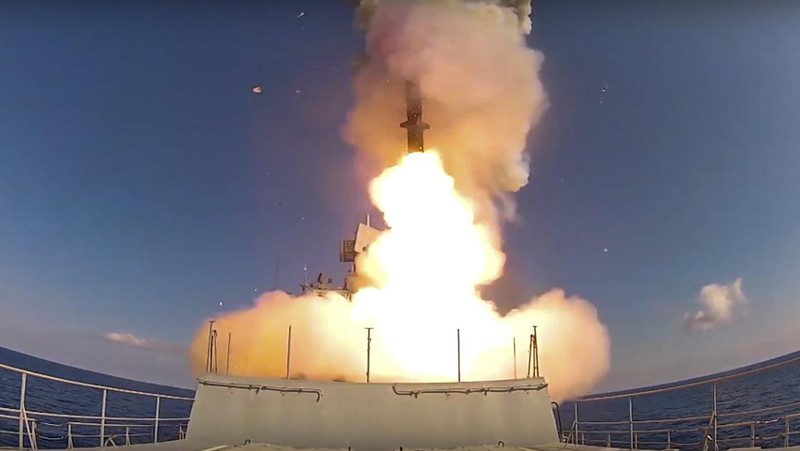 FILE - In this frame grab provided by Russian Defense Ministry press service, a long-range Kalibr cruise missile is launched by a Russian Navy ship in the eastern Mediterranean, Friday, Aug. 19, 2016. The Russian invasion of Ukraine is the largest conflict that Europe has seen since World War II, with Russia conducting a multi-pronged offensive across the country. The Russian military has pummeled wide areas in Ukraine with air strikes and has conducted massive rocket and artillery bombardment resulting in massive casualties. (Russian Defense Ministry Press Service photo via AP, File)