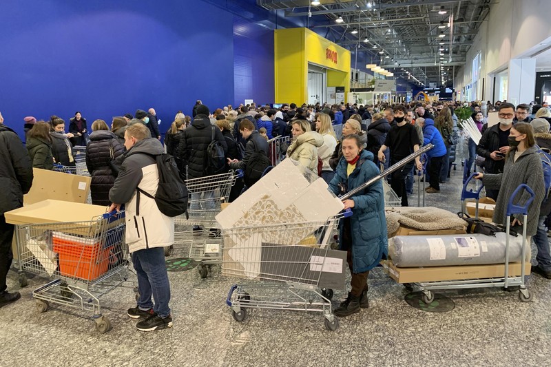 Russia Ukraine War Economy People wait in a line to enter the IKEA store at the outskirts of St. Petersburg, Russia, Thursday, March 3, 2022. IKEA is closing its stores and pausing all sourcing in Russia and Belarus from Friday, March 4.