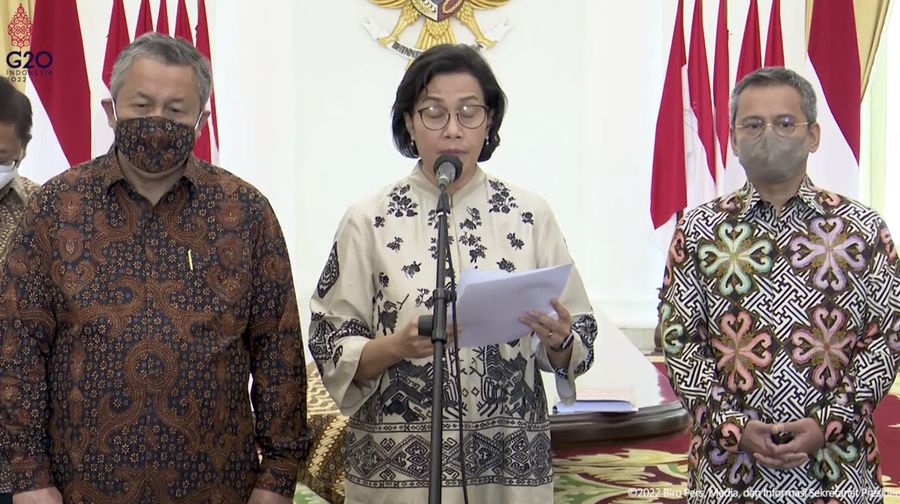 Menteri Keuangan Sri Mulyani Memberikan Keterangan Pers Panitia Seleksi Pemilihan Calon Anggota Dewan Komisioner OJK Periode 2022-2027, Istana Kepresidenan Bogor, 7 Maret 2022. (Tangkapan Layar Youtube Sekretariat Presiden)