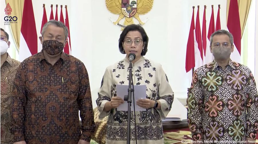 Menteri Keuangan Sri Mulyani Saat Memberikan Keterangan Pers Panitia Seleksi Pemilihan Calon Anggota Dewan Komisioner OJK Periode 2022-2027, Istana Kepresidenan Bogor, 7 Maret 2022. (Tangkapan Layar Youtube Sekretariat Presiden)