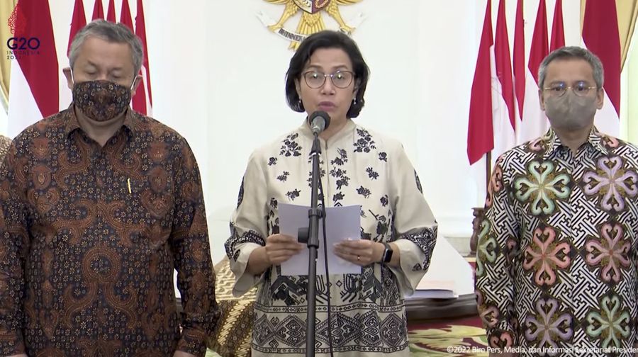 Menteri Keuangan Sri Mulyani Saat Memberikan Keterangan Pers Panitia Seleksi Pemilihan Calon Anggota Dewan Komisioner OJK Periode 2022-2027, Istana Kepresidenan Bogor, 7 Maret 2022. (Tangkapan Layar Youtube Sekretariat Presiden)