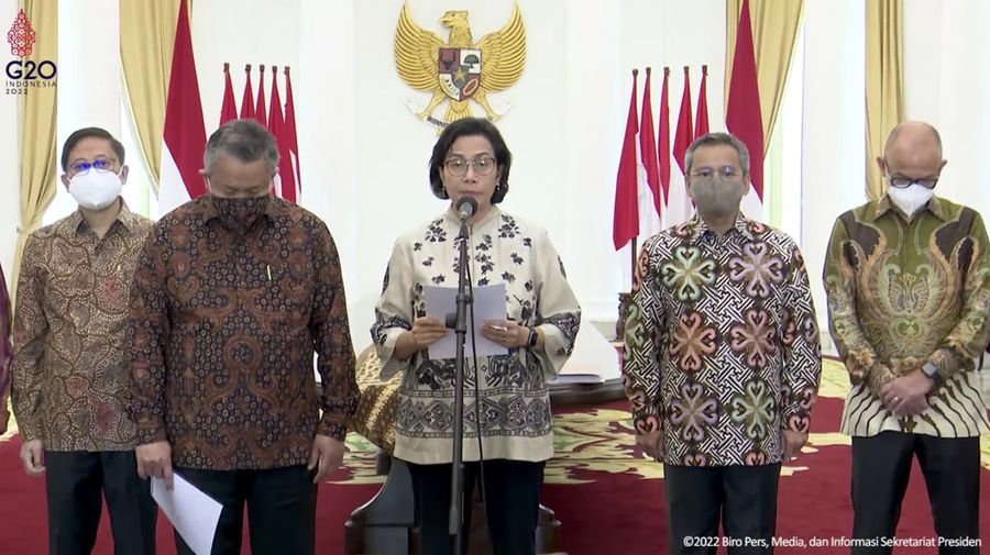 Menteri Keuangan Sri Mulyani Saat Memberikan Keterangan Pers Panitia Seleksi Pemilihan Calon Anggota Dewan Komisioner OJK Periode 2022-2027, Istana Kepresidenan Bogor, 7 Maret 2022. (Tangkapan Layar Youtube Sekretariat Presiden)