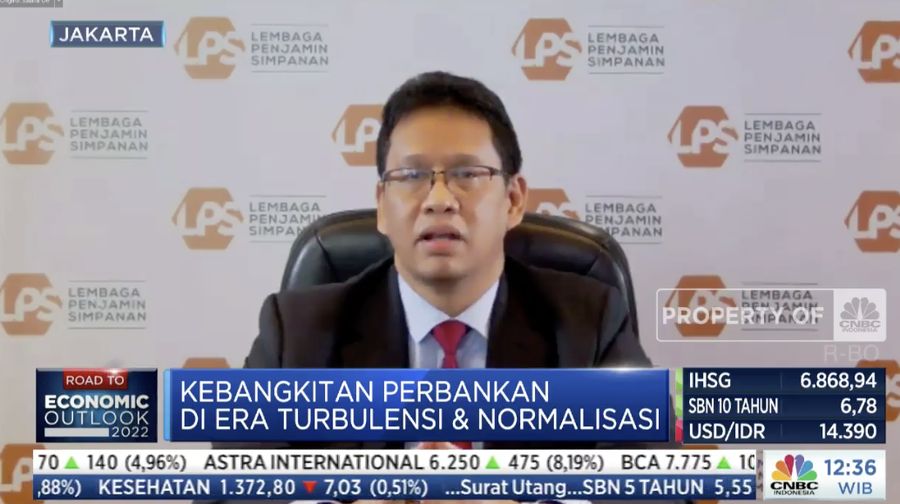 Ketua Dewan Komisioner Lembaga Penjamin Simpanan Purbaya Yudhi Sadewa dalam acara CNBC Indonesia Banking Outlook 2022, dengan tema 'Kebangkitan Perbankan
