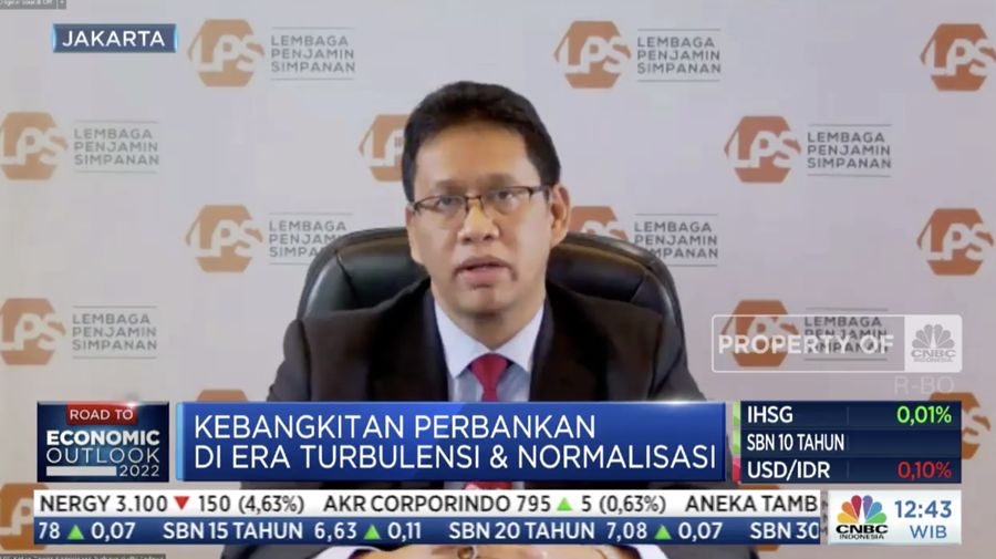 Ketua Dewan Komisioner Lembaga Penjamin Simpanan Purbaya Yudhi Sadewa dalam acara CNBC Indonesia Banking Outlook 2022, dengan tema 'Kebangkitan Perbankan
