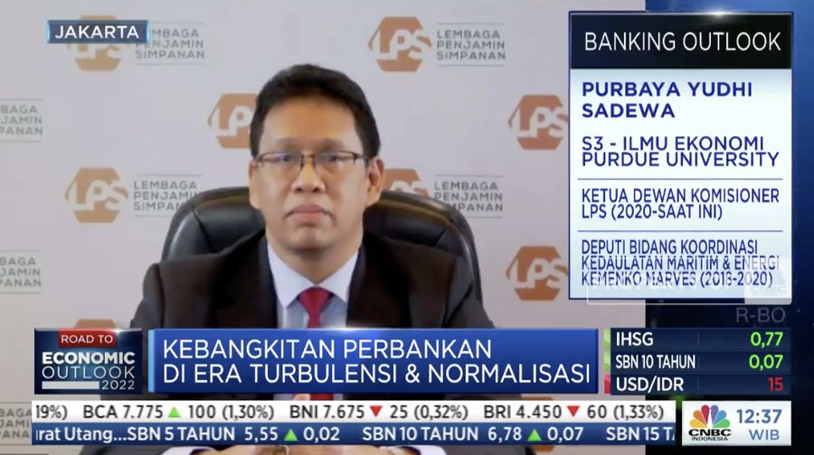 Ketua Dewan Komisioner Lembaga Penjamin Simpanan Purbaya Yudhi Sadewa dalam acara CNBC Indonesia Banking Outlook 2022, dengan tema 'Kebangkitan Perbankan