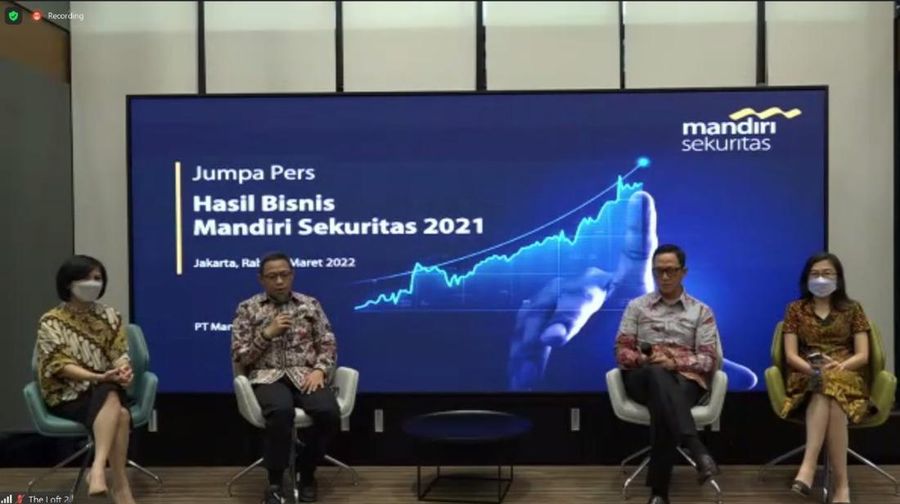 Konfrensi Pers Hasil Bisnis Mandiri Sekuritas 2021. (Tangkapan Layar)