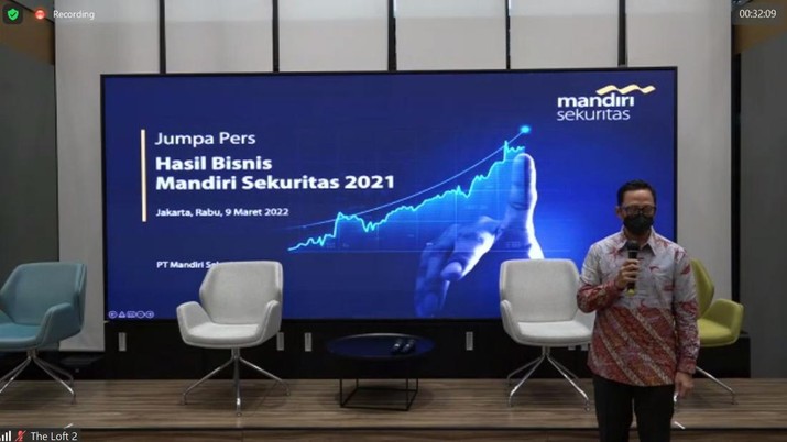 Konfrensi Pers Hasil Bisnis Mandiri Sekuritas 2021. (Tangkapan Layar)