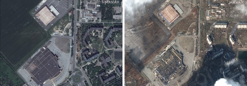Citra satelit menunjukkan toko kelontong dan pusat perbelanjaan yang rusak parah usai serangan Rusia di Mariupol, Ukraina, Rabu (9/3/2022). (Satellite image ©2022 Maxar Technologies via AP)
