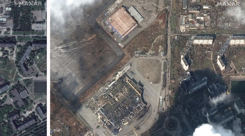 Citra satelit menunjukkan toko kelontong dan pusat perbelanjaan yang rusak parah usai serangan Rusia di Mariupol, Ukraina, Rabu (9/3/2022). (Satellite image ©2022 Maxar Technologies via AP)