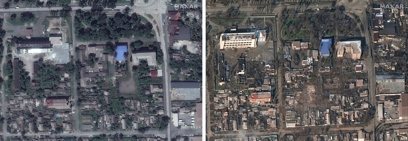 Citra satelit menunjukkan toko kelontong dan pusat perbelanjaan yang rusak parah usai serangan Rusia di Mariupol, Ukraina, Rabu (9/3/2022). (Satellite image ©2022 Maxar Technologies via AP)