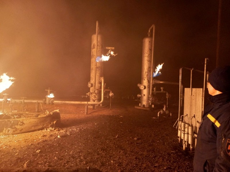 Facilities of a complex that prepares natural gas for transportation are pictured in a fire after night shelling, as Russia's attack on Ukraine continues, in the village of Hlazunivka in Kharkiv region, Ukraine, in this handout picture released March 13, 2022.  Press service of the State Emergency Service of Ukraine/Handout via REUTERS ATTENTION EDITORS - THIS IMAGE HAS BEEN SUPPLIED BY A THIRD PARTY. MANDATORY CREDIT.