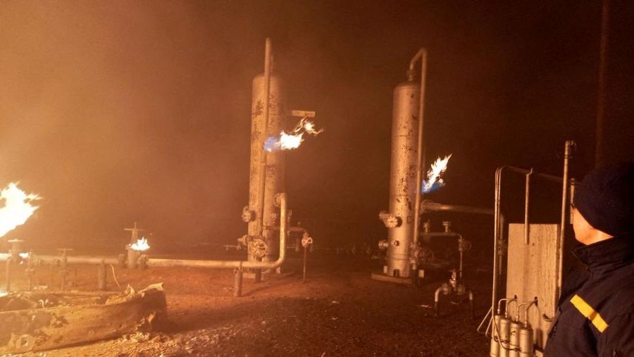 Facilities of a complex that prepares natural gas for transportation are pictured in a fire after night shelling, as Russia's attack on Ukraine continues, in the village of Hlazunivka in Kharkiv region, Ukraine, in this handout picture released March 13, 2022.  Press service of the State Emergency Service of Ukraine/Handout via REUTERS ATTENTION EDITORS - THIS IMAGE HAS BEEN SUPPLIED BY A THIRD PARTY. MANDATORY CREDIT.