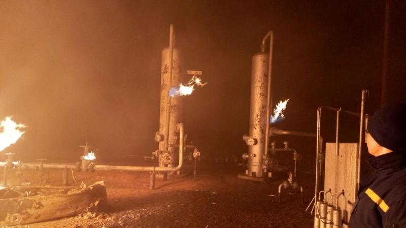 Facilities of a complex that prepares natural gas for transportation are pictured in a fire after night shelling, as Russia's attack on Ukraine continues, in the village of Hlazunivka in Kharkiv region, Ukraine, in this handout picture released March 13, 2022.  Press service of the State Emergency Service of Ukraine/Handout via REUTERS ATTENTION EDITORS - THIS IMAGE HAS BEEN SUPPLIED BY A THIRD PARTY. MANDATORY CREDIT.