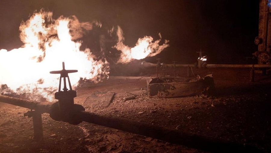 Facilities of a complex that prepares natural gas for transportation are pictured in a fire after night shelling, as Russia's attack on Ukraine continues, in the village of Hlazunivka in Kharkiv region, Ukraine, in this handout picture released March 13, 2022.  Press service of the State Emergency Service of Ukraine/Handout via REUTERS ATTENTION EDITORS - THIS IMAGE HAS BEEN SUPPLIED BY A THIRD PARTY. MANDATORY CREDIT.