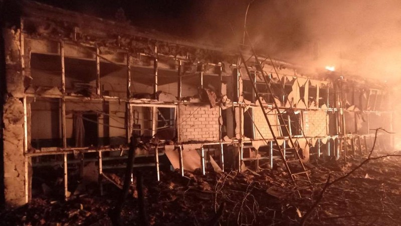 Facilities of a complex that prepares natural gas for transportation are pictured in a fire after night shelling, as Russia's attack on Ukraine continues, in the village of Hlazunivka in Kharkiv region, Ukraine, in this handout picture released March 13, 2022.  Press service of the State Emergency Service of Ukraine/Handout via REUTERS ATTENTION EDITORS - THIS IMAGE HAS BEEN SUPPLIED BY A THIRD PARTY. MANDATORY CREDIT.
