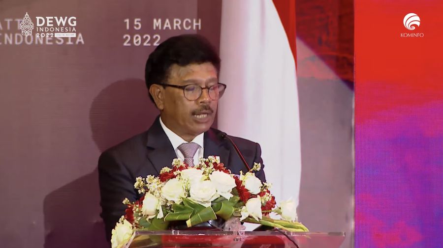 Johnny G Plate dalam acara Digital Economy Working Group G20 2022, (Tangkapan layar youtube Kemkominfo TV)