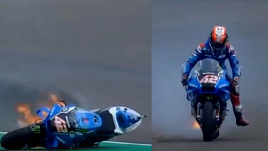 Motor balap Alex Rins (Suzuki Ecstar) terbakar saat menjalani sesi latihan bebas keempat (FP4) MotoGP Mandalika, Sabtu, 19 Maret 2022. (Tangkapan Layar Youtube)