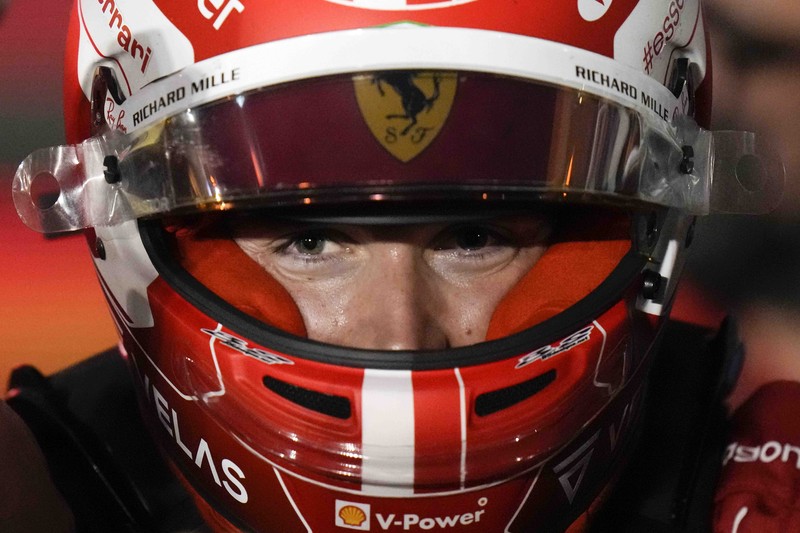 Ferrari driver Charles Leclerc of Monaco celebrates after he won the Formula One Bahrain Grand Prix it in Sakhir, Bahrain, Sunday, March 20, 2022. (AP Photo/Hassan Ammar)