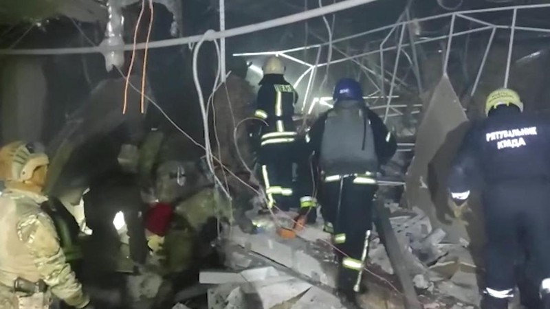 Fire burns after a blast hits a shopping centre, in Kyiv, Ukraine, in this still image obtained from a handout video released on March 20, 2022. State Emergency Service of Ukraine/Handout via REUTERS    ATTENTION EDITORS - THIS IMAGE HAS BEEN SUPPLIED BY A THIRD PARTY. MANDATORY CREDIT. NO RESALES. NO ARCHIVES