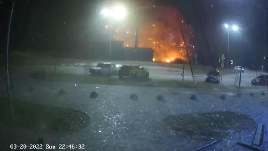 Fire burns after a blast hits a shopping centre, in Kyiv, Ukraine, in this still image obtained from a handout video released on March 20, 2022. State Emergency Service of Ukraine/Handout via REUTERS    ATTENTION EDITORS - THIS IMAGE HAS BEEN SUPPLIED BY A THIRD PARTY. MANDATORY CREDIT. NO RESALES. NO ARCHIVES