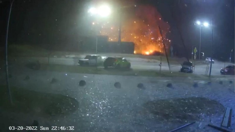 Fire burns after a blast hits a shopping centre, in Kyiv, Ukraine, in this still image obtained from a handout video released on March 20, 2022. State Emergency Service of Ukraine/Handout via REUTERS    ATTENTION EDITORS - THIS IMAGE HAS BEEN SUPPLIED BY A THIRD PARTY. MANDATORY CREDIT. NO RESALES. NO ARCHIVES