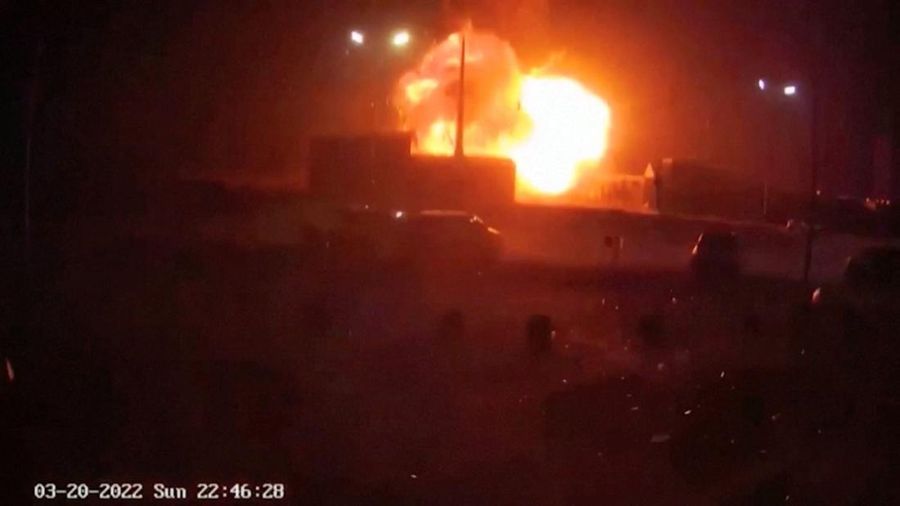 Smoke rises as fire burns after a blast hits a shopping centre in Kyiv, Ukraine, in this still image obtained from a handout video released on March 20, 2022. State Emergency Service of Ukraine/Handout via REUTERS ATTENTION EDITORS - THIS IMAGE HAS BEEN SUPPLIED BY A THIRD PARTY. MANDATORY CREDIT. NO RESALES. NO ARCHIVES.