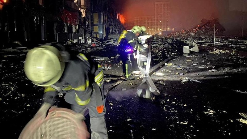 Fire burns after a blast hits a shopping centre, in Kyiv, Ukraine, in this still image obtained from a handout video released on March 20, 2022. State Emergency Service of Ukraine/Handout via REUTERS    ATTENTION EDITORS - THIS IMAGE HAS BEEN SUPPLIED BY A THIRD PARTY. MANDATORY CREDIT. NO RESALES. NO ARCHIVES