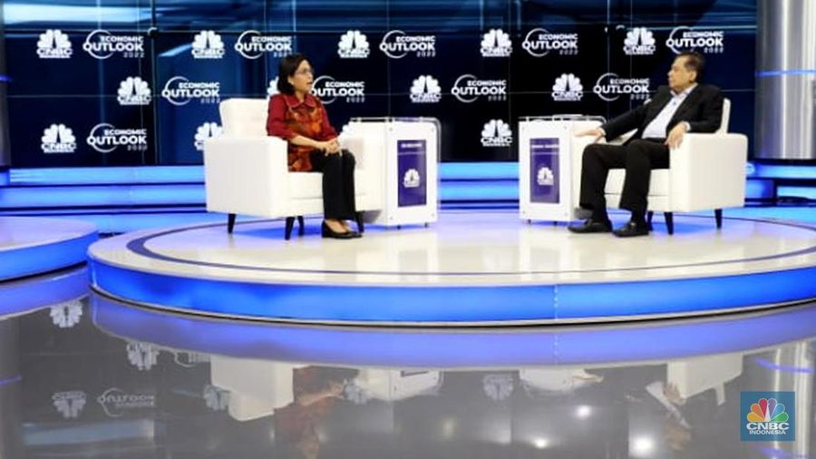 Menteri Keuangan Sri Mulyani di acara CNBC Indonesia Economic Outlook, Selasa (22/3). (CNBC Indonesia/Tri Susilo)