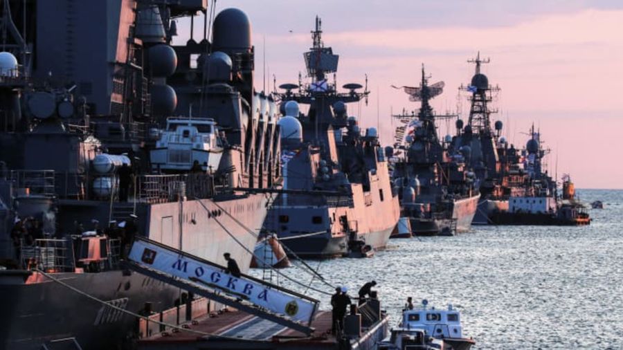 Russian warships are seen ahead of the Navy Day parade in the Black Sea port of Sevastopol, Crimea July 23, 2021. (Alexey Pavlishak/Reuters)