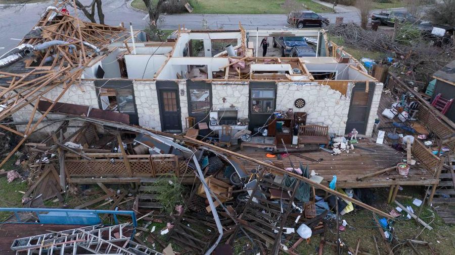 Destroyed homes are seen in the aftermath of a tornado in Round Rock, Texas, U.S., March 22, 2022. Picture taken with a drone.  REUTERS/Adrees Latif
