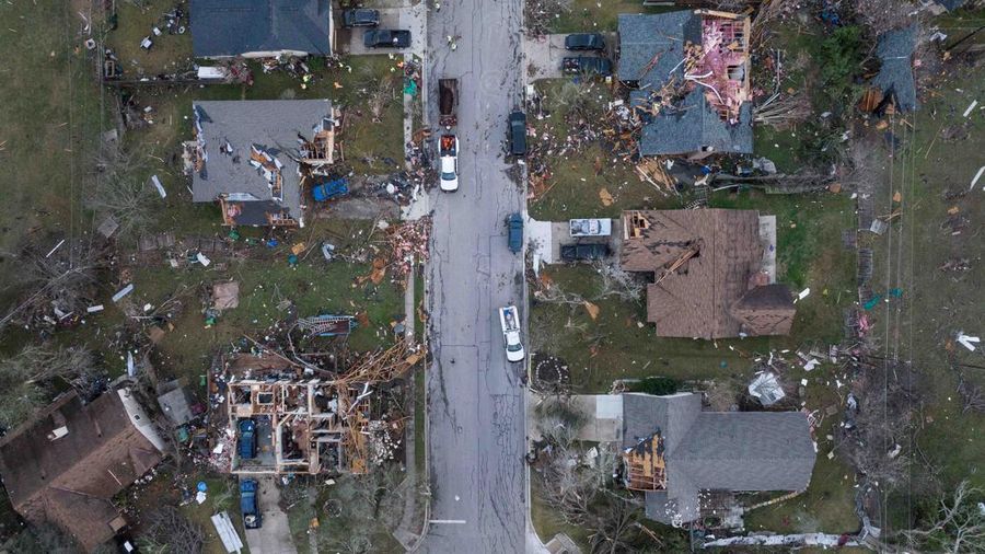Destroyed homes are seen in the aftermath of a tornado in Round Rock, Texas, U.S., March 22, 2022. Picture taken with a drone.  REUTERS/Adrees Latif