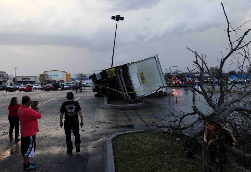 Destroyed homes are seen in the aftermath of a tornado in Round Rock, Texas, U.S., March 22, 2022. Picture taken with a drone.  REUTERS/Adrees Latif