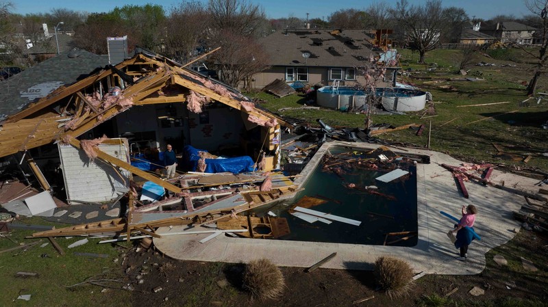 Destroyed homes are seen in the aftermath of a tornado in Round Rock, Texas, U.S., March 22, 2022. Picture taken with a drone.  REUTERS/Adrees Latif