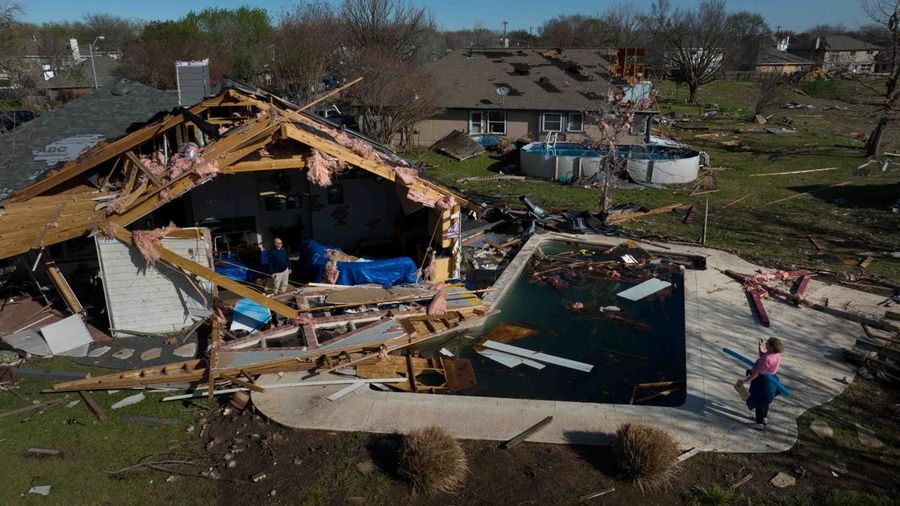 Destroyed homes are seen in the aftermath of a tornado in Round Rock, Texas, U.S., March 22, 2022. Picture taken with a drone.  REUTERS/Adrees Latif