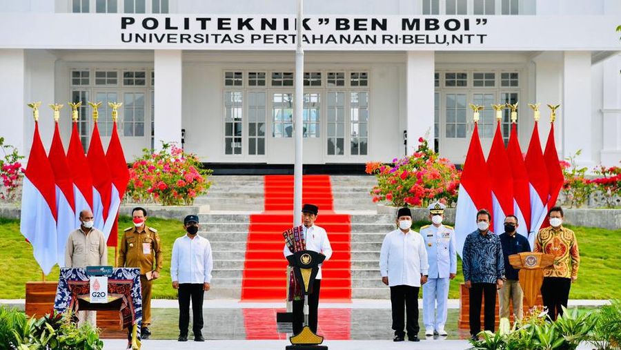 Presiden Joko Widodo meresmikan Politeknik Dr. Aloysius Benedictus Mboi, Universitas Pertahanan Republik Indonesia (Unhan) di Kabupaten Belu, Nusa Tenggara Timur (NTT), pada Kamis, 24 Maret 2022. ( Laily Rachev - Biro Pers Sekretariat Presiden)